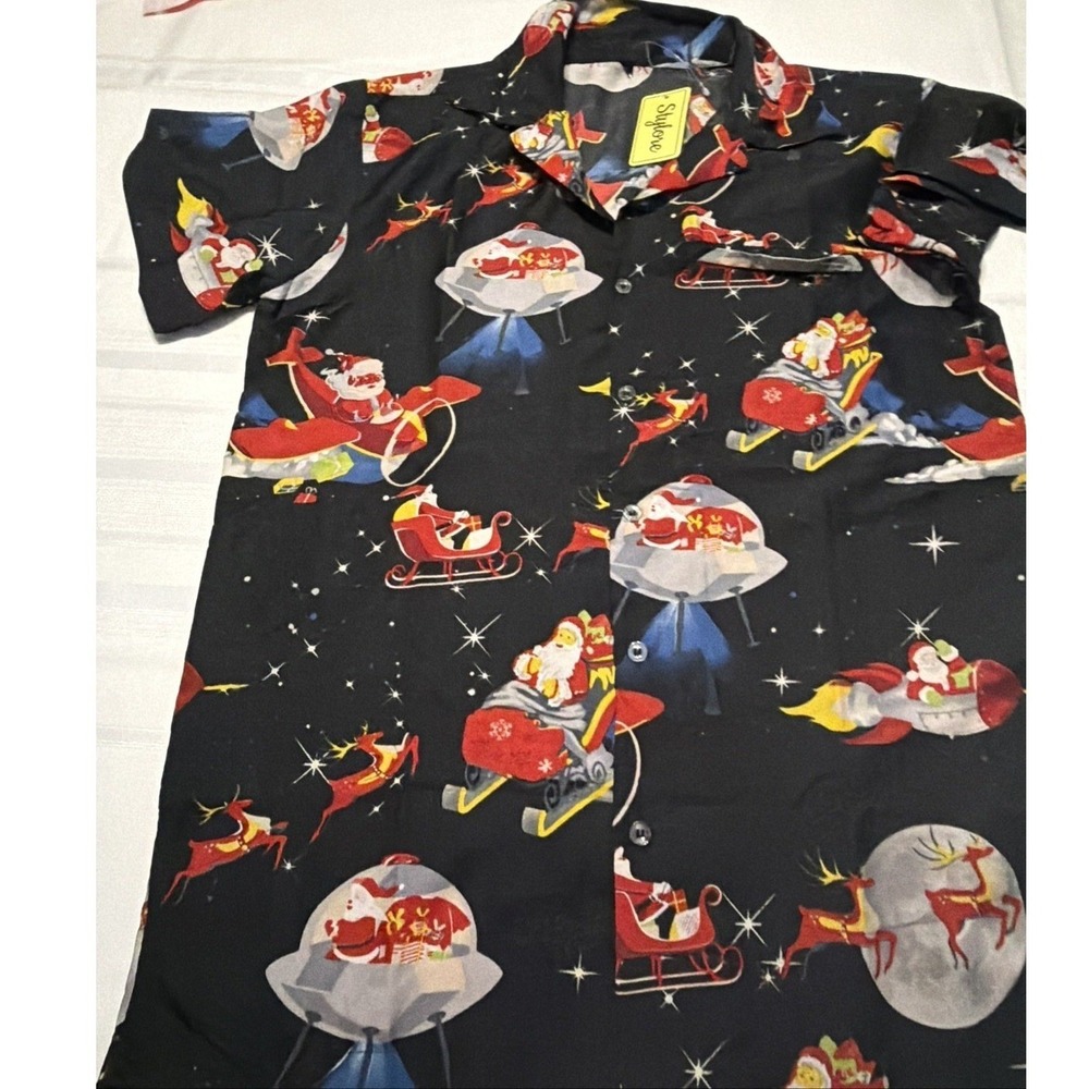 Stylore Mens Christmas Sci-Fi Rocket Santa UFO Black Short Sleeve Button Down L